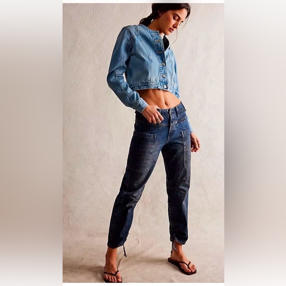 Free People Oasis Denim Crop Jeans We The Free Cinched Tie Hems Blue 1000 Acres